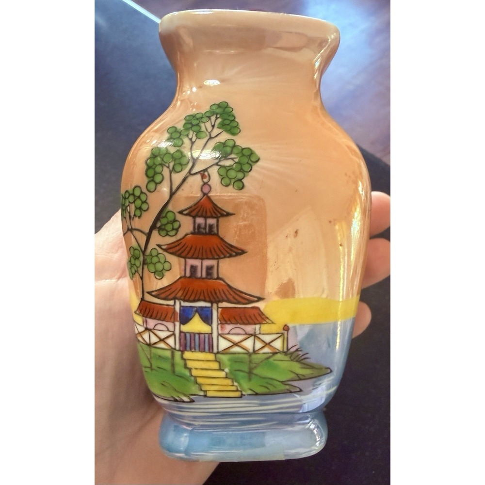 Vintage Noritake Hand Painted Pagoda Scenic Porcelain Vase 4" Japan